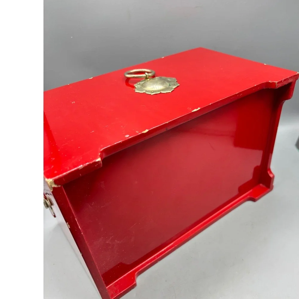 Vintage Red Lacquer Jewelry Box Sun‎ Moon Deer Inlay Brass Accents Asian